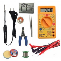 TECHDELIVERS® Digital Multimeter kit set with Solder Iron, Cutter, Stand, Desoldering Wick, Soldering Wire Reel, Soldering Paste, Tweezer 10Watt Bakelite Handle TECHDELIVERS® Digital Multimeter kit set with Solder Iron, Cutter, Stand, Desoldering Wick, Soldering Wire Reel, Soldering Paste, Tweezer 10Watt Bakelite Handle