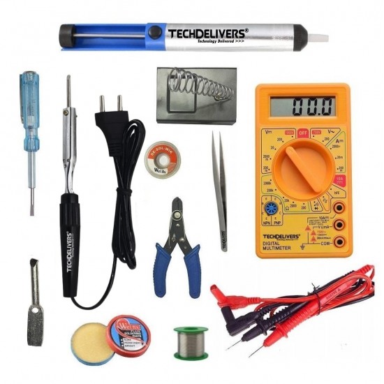 TECHDELIVERS® 10Watt Bakelite Handle Solder Iron Kit Set Full Multimeter, Cutter, Stand, Desoldering Pump, Wick, Soldering Wire Reel, Soldering Paste, Tweezer, Tester, Bit