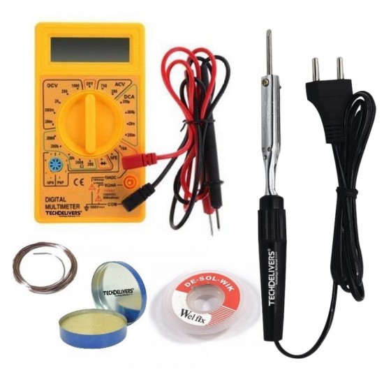 TECHDELIVERS® Soldering Iron Kit set with Multimeter, Soldering Wire, Paste, Desolder Wick, 10Watt Bakelite Handle