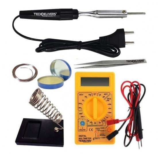 TECHDELIVERS® Solder Iron 10w with Multimeter, Stand, Soldering Wire, Paste, Tweezer 10Watt Bakelite Handle