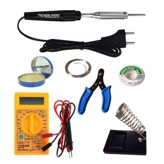 TECHDELIVERS® Multimeter kit with Solder Iron 10Watt Bakelite Handle, Cutter, Stand, Desoldering Wick, Soldering Wire, Paste