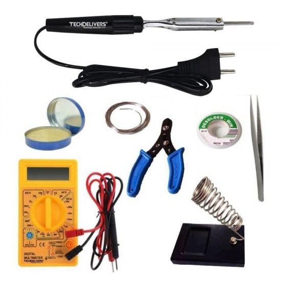 TECHDELIVERS® Multimeter Soldering kit combo 10Watt Bakelite Handle, Cutter, Stand, Desoldering Wick, Soldering Wire, Soldering Paste, Tweezer