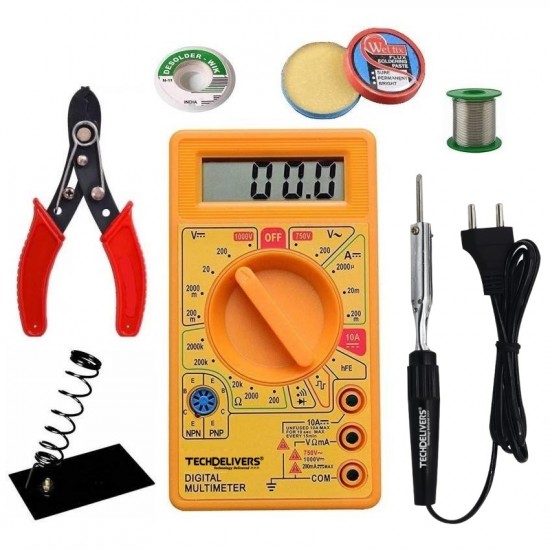 TECHDELIVERS® Digital Multimeter kit with Solder Iron, Cutter, Stand, Desoldering Wick, Soldering Wire Reel, Soldering Paste 10Watt Bakelite Handle