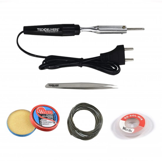 TECHDELIVERS® 10Watt Bakelite Soldering Iron Kit, Soldering Wire, Soldering Paste, Desolder Wick, Tweezer