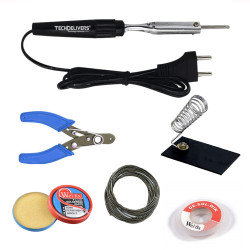 TECHDELIVERS® 10Watt Bakelite Handle Soldering Iron Flat Tip with Cutter, Stand, Paste, Wire, Wick TECHDELIVERS® 10Watt Bakelite Handle Soldering Iron Flat Tip with Cutter, Stand, Paste, Wire, Wick