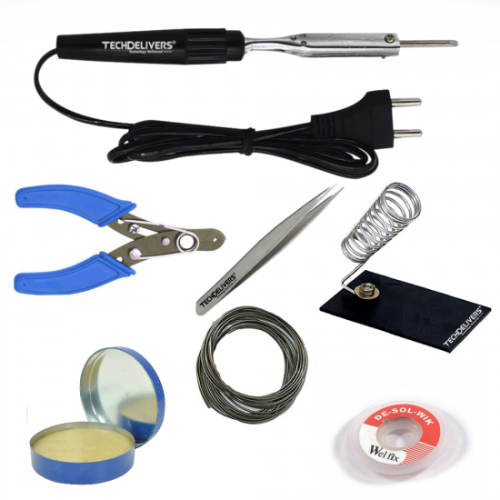 TECHDELIVERS® 10W Soldering Iron, Cutter, Stand, Desoldering Wick, Soldering Wire, Soldering Paste, Tweezer Bakelite Handle 10watt