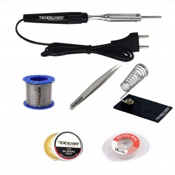 TECHDELIVERS® 6in1 Bakelite 10W Soldering Iron Kit with 5 Meter Solder Wire, Flux, Stand, Tweezer, Wick 10 Watt TECHDELIVERS® 6in1 Bakelite 10W Soldering Iron Kit with 5 Meter Solder Wire, Flux, Stand, Tweezer, Wick 10 Watt