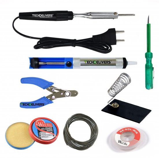 TECHDELIVERS® 10Watt Bakelite Handle Soldering Iron Kit with Desolder PUMP, Cutter, Tester, Stand, Paste, Wire, Wick