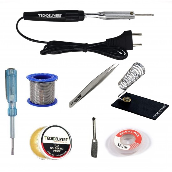 TECHDELIVERS® 8in1 Bakelite 10W Soldering Iron Kit with 5 Meter Solder Wire, Flux, Stand, Tester, Bit, Tweezer, Wick 10Watt