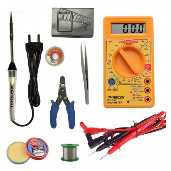 TECHDELIVERS® Digital Multimeter kit set with Solder Iron | Cutter | Stand | Desoldering Wick | Soldering Wire Reel | Soldering Paste | Tweezer 15Watt Pointed Tip Iron