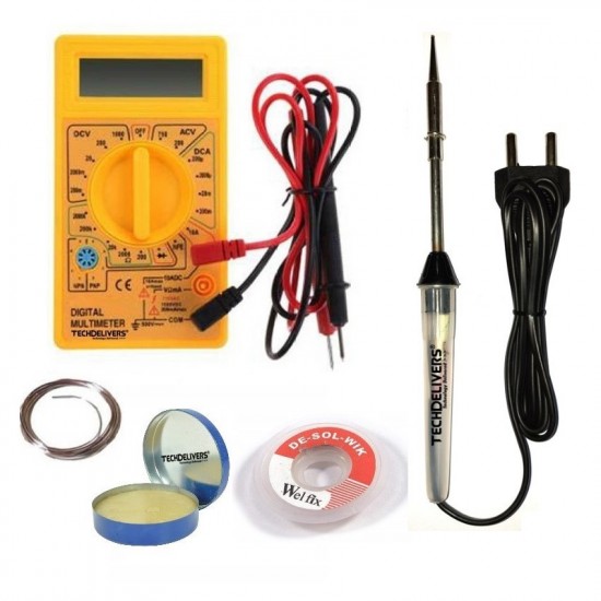 TECHDELIVERS® Soldering Iron Kit set with Multimeter | Soldering Wire | Paste | Desolder Wick | 15 W Solder Iron  (Pointed Tip)