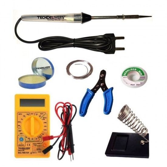 TECHDELIVERS® Multimeter kit with Solder Iron | Cutter | Stand | Desoldering Wick | Soldering Wire | Paste 15Watt Simple (Pointed Tip)