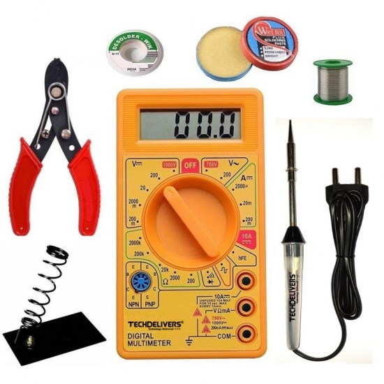 TECHDELIVERS® Digital Multimeter kit with Solder Iron | Cutter | Stand | Desoldering Wick | Soldering Wire Reel | Soldering Paste 15 Watt Pointed Tip Iron