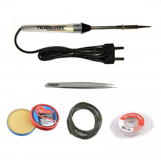 TECHDELIVERS® 15 Watt Soldering Iron Kit | Soldering Wire | Soldering Paste | Desolder Wick | Tweezer (Pointed Tip)