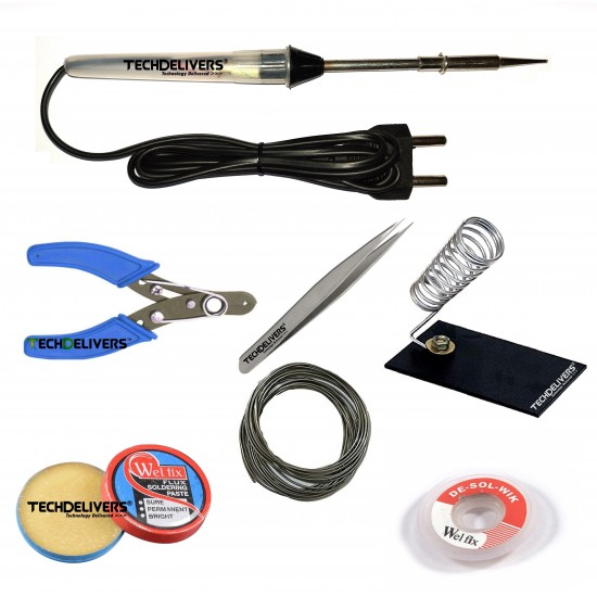 TECHDELIVERS® 15w Soldering Iron | Cutter | Stand | Desoldering Wick | Soldering Wire | Soldering Paste | Tweezer 15watt Pointed Tip