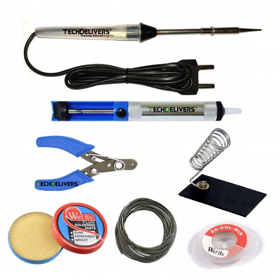 TECHDELIVERS® 15Watt Solder Iron Kit with Desolder PUMP, Cutter, Stand, Paste, Wire, Wick (Pointed Tip)