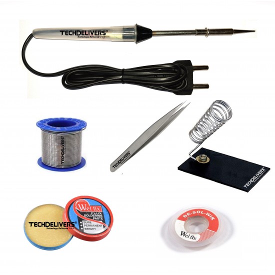 TECHDELIVERS® 6in1 Basic 15W Soldering Iron Kit with 5 Meter Solder Wire, Flux, Stand, Tweezer, Wick 15 W Simple Pointed Tip