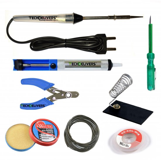 TECHDELIVERS® 15 Watt Soldering Iron Kit with Desolder PUMP, Cutter, Tester, Stand, Paste, Wire, Wick (Pointed Tip)