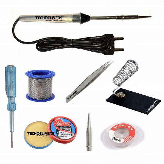 TECHDELIVERS® 8in1 Basic 15W Soldering Iron Kit with 5 Meter Solder Wire, Flux, Stand, Tester, Bit, Tweezer, Wick 15W Simple Pointed Tip