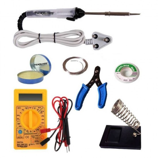 TECHDELIVERS® Multimeter Kit with Solder Iron 25W | Cutter | Stand | Desoldering Wick | Soldering Wire | Soldering Paste