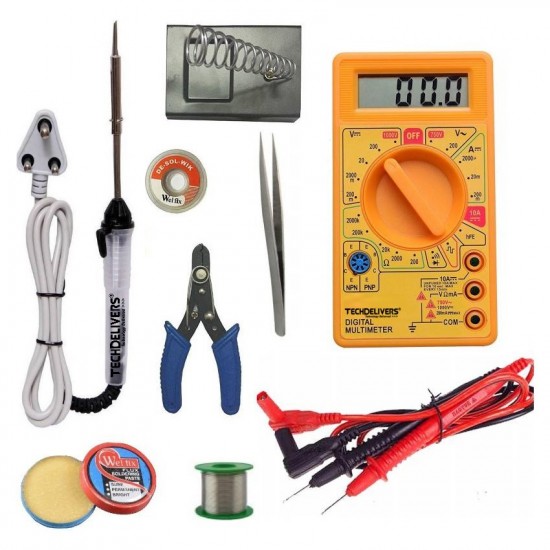 TECHDELIVERS® 25W Soldering Iron Kit set with Multimeter | Cutter | Stand | Desoldering Wick | Soldering Wire Reel | Soldering Paste | Tweezer