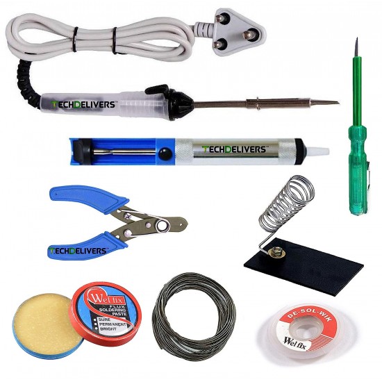 TECHDELIVERS 8in1 Electric 25Watt Soldering Tool Iron Kit Set with Desoldering PUMP | WICK |Stand |Paste | Wire Stripper | Solder Wire | Screw Driver Tester for DIY/Crafts