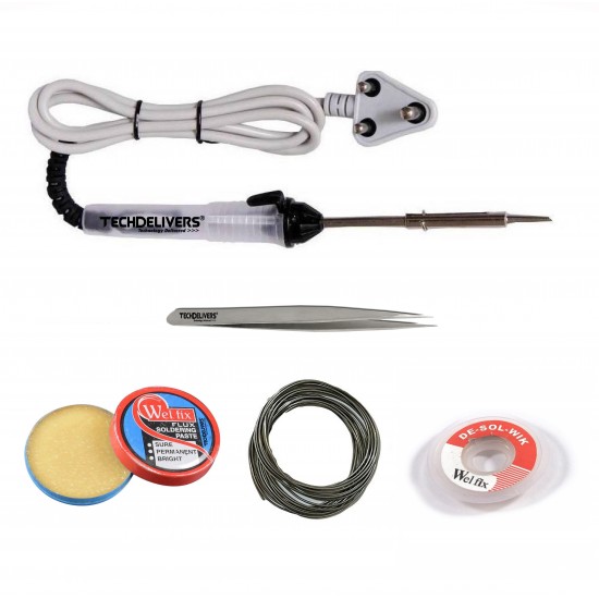 TECHDELIVERS® 5in1 25W Soldering Iron Kit | Soldering Wire | Soldering Paste | Desolder Wick | Tweezer (Flat Tip)