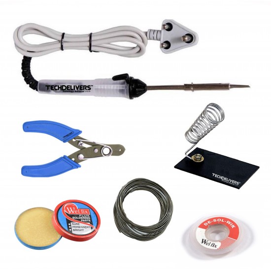 TECHDELIVERS 6in1 Electric 25Watt Soldering Iron Kit | WICK |Stand |Flux | Wire Stripper | Solder Wire for DIY/Crafts