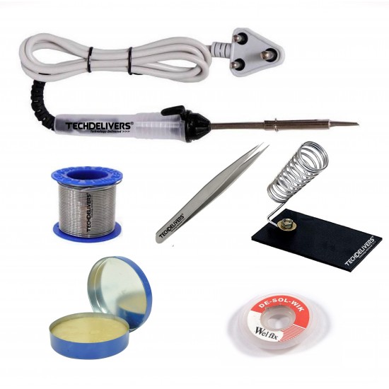 TECHDELIVERS® 6in1 Basic 25W Soldering Iron Kit with 5 Meter Solder Wire, Flux, Stand, Tweezer, Wick 25 W Simple