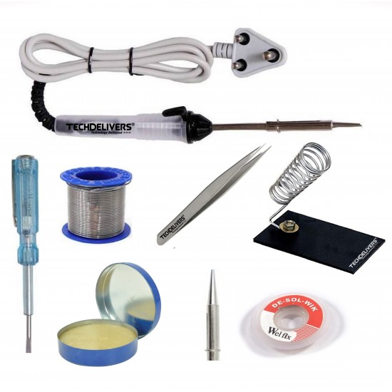 TECHDELIVERS® 8in1 Basic 25W Soldering Iron Kit with 5 Meter Solder Wire, Flux, Stand, Tester, Bit, Tweezer, Wick 25W Simple