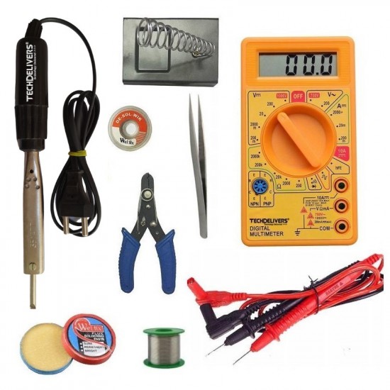 TECHDELIVERS® Digital Multimeter kit set with Solder Iron, Cutter, Stand, Desoldering Wick, Soldering Wire Reel, Soldering Paste, Tweezer 35Watt Bakelite Handle