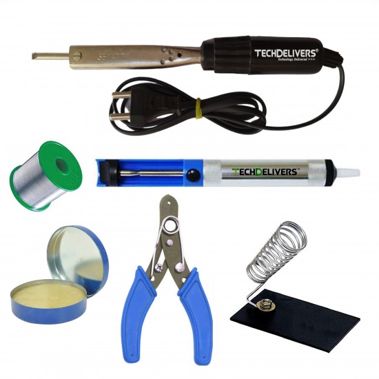 TECHDELIVERS® Bakelite Solder Iron 35w Kit, Desoldering Pump, Soldering Wire Reel, Soldering Paste, Stand, Cutter