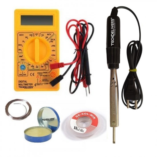 TECHDELIVERS® Soldering Iron Kit set with Multimeter, Soldering Wire, Paste, Desolder Wick, 35Watt Bakelite Handle