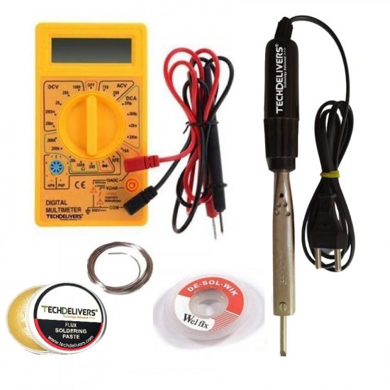 TECHDELIVERS® Soldering Iron Kit set with Multimeter, Soldering Wire, Paste, Desolder Wick, 35Watt Bakelite Handle