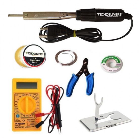 TECHDELIVERS® Multimeter kit with Solder Iron 35Watt Bakelite Handle, Cutter, Stand, Desoldering Wick, Soldering Wire, Paste
