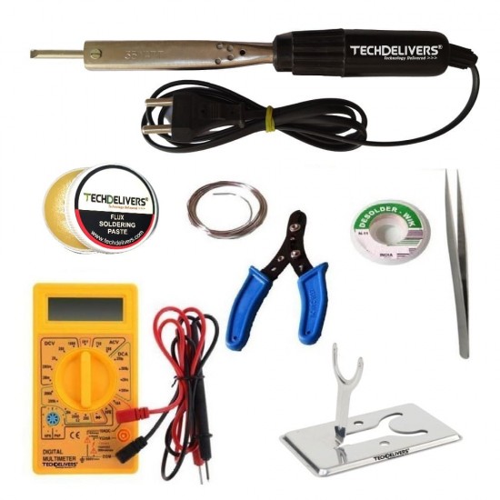 TECHDELIVERS® Multimeter Soldering kit combo 35Watt Bakelite Handle, Cutter, Stand, Desoldering Wick, Soldering Wire, Soldering Paste, Tweezer
