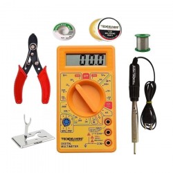 TECHDELIVERS® Digital Multimeter kit with Solder Iron, Cutter, Stand, Desoldering Wick, Soldering Wire Reel, Soldering Paste 35Watt Bakelite Handle TECHDELIVERS® Digital Multimeter kit with Solder Iron, Cutter, Stand, Desoldering Wick, Soldering Wire Reel, Soldering Paste 35Watt Bakelite Handle