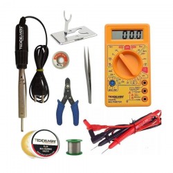 TECHDELIVERS® Digital Multimeter kit set with Solder Iron, Cutter, Stand, Desoldering Wick, Soldering Wire Reel, Soldering Paste, Tweezer 35Watt Bakelite Handle TECHDELIVERS® Digital Multimeter kit set with Solder Iron, Cutter, Stand, Desoldering Wick, Soldering Wire Reel, Soldering Paste, Tweezer 35Watt Bakelite Handle
