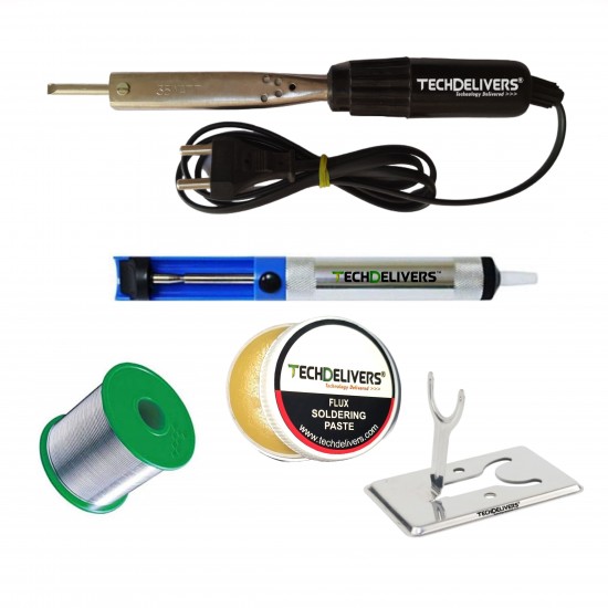 TECHDELIVERS® Solder Iron 35w Kit Bakelite Handle, Desoldering Pump, Soldering Wire Reel, Soldering Paste, Stand
