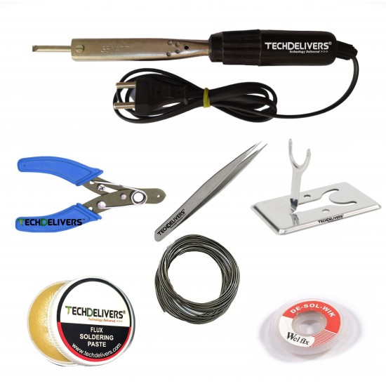 TECHDELIVERS® 35w Soldering Iron, Cutter, Stand, Desoldering Wick, Soldering Wire, Soldering Paste, Tweezer Bakelite Handle 35watt
