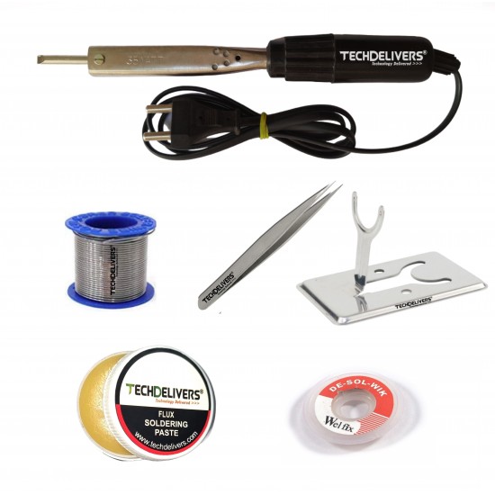 TECHDELIVERS® 6in1 Bakelite 35W Soldering Iron Kit with 5 Meter Solder Wire, Flux, Stand, Tweezer, Wick 35 Watt