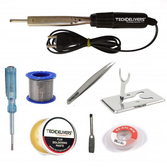 TECHDELIVERS® 8in1 Bakelite 35W Soldering Iron Kit with 5 Meter Solder Wire, Flux, Stand, Tester, Bit, Tweezer, Wick 35Watt