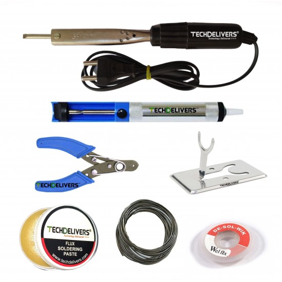 TECHDELIVERS® 35Watt Bakelite Handle Solder Iron Kit with Desolder PUMP, Cutter, Stand, Paste, Wire, Wick