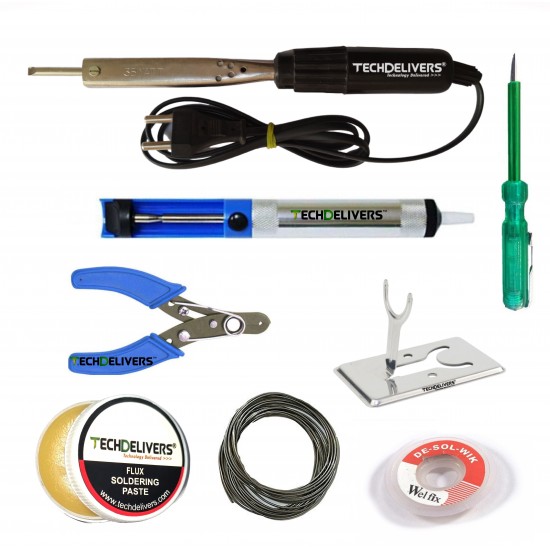 TECHDELIVERS® 35Watt Bakelite Handle Soldering Iron Kit with Desolder PUMP, Cutter, Tester, Stand, Paste, Wire, Wick