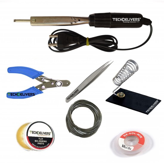 TECHDELIVERS® 35w Soldering Iron, Cutter, Stand, Desoldering Wick, Soldering Wire, Soldering Paste, Tweezer Bakelite Handle 35watt