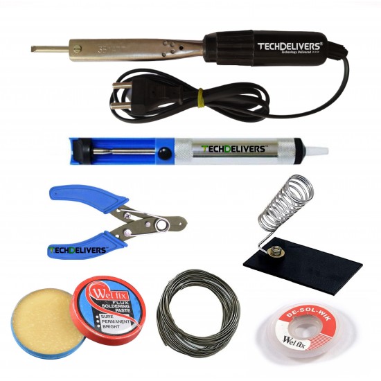 TECHDELIVERS® 35Watt Bakelite Handle Solder Iron Kit with Desolder PUMP, Cutter, Stand, Paste, Wire, Wick