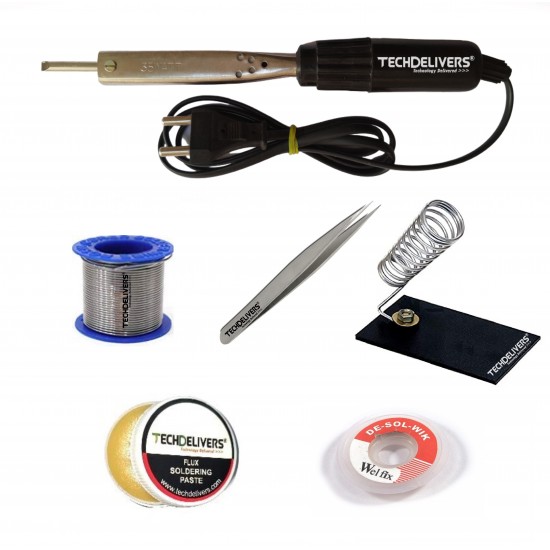 TECHDELIVERS® 6in1 Bakelite 35W Soldering Iron Kit with 5 Meter Solder Wire, Flux, Stand, Tweezer, Wick 35 Watt