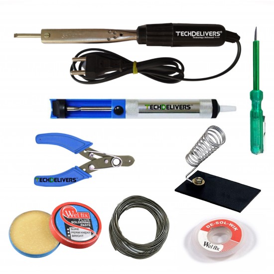 TECHDELIVERS® 35Watt Bakelite Handle Soldering Iron Kit with Desolder PUMP, Cutter, Tester, Stand, Paste, Wire, Wick