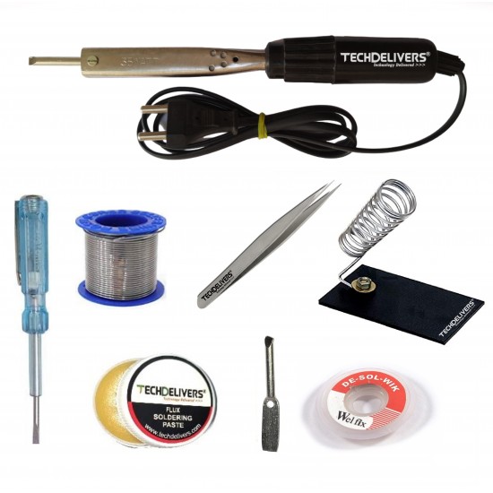 TECHDELIVERS® 8in1 Bakelite 35W Soldering Iron Kit with 5 Meter Solder Wire, Flux, Stand, Tester, Bit, Tweezer, Wick 35Watt