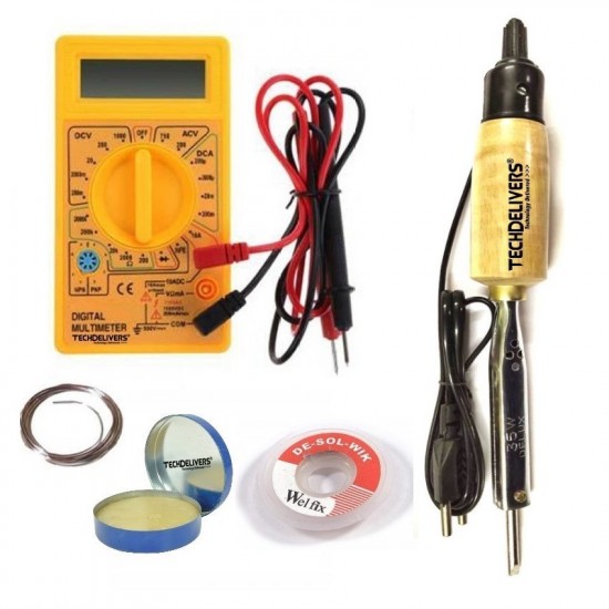 TECHDELIVERS® Soldering Iron Kit set with Multimeter, Soldering Wire, Paste, Desolder Wick, 35 W Solder Iron